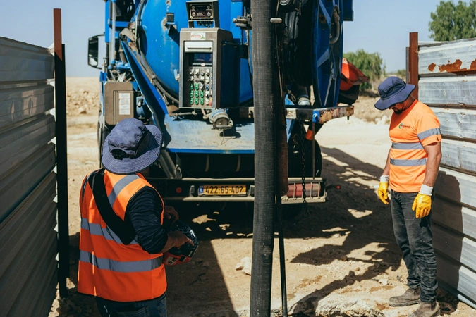 צוות מפעיל משאית ביוב באתר שיקום הקו הראשי בבאר שבע